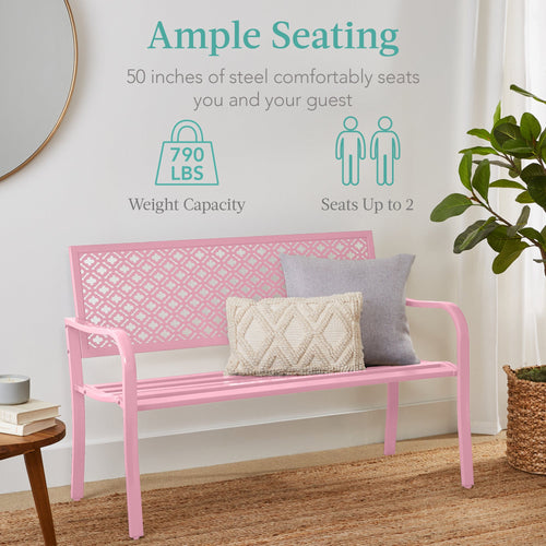 Indoor Outdoor Steel Bench w/ Geometric Backrest, Foot Levelers