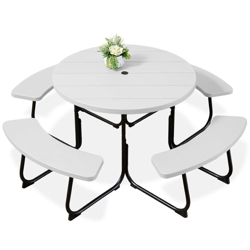 8-Person Circular Picnic Table w/ Umbrella Hole, 4 Benches