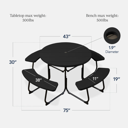 8-Person Circular Picnic Table w/ Umbrella Hole, 4 Benches