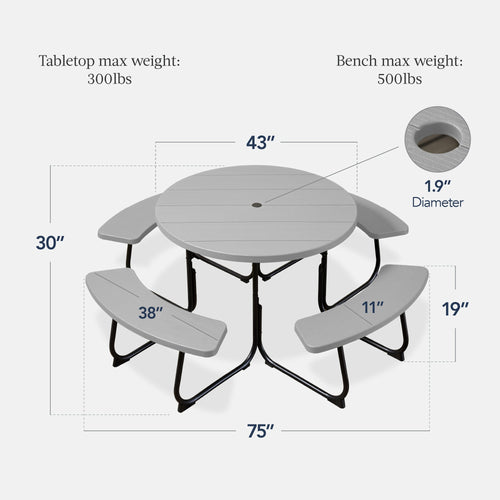 8-Person Circular Picnic Table w/ Umbrella Hole, 4 Benches