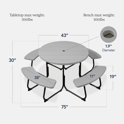 8-Person Circular Picnic Table w/ Umbrella Hole, 4 Benches
