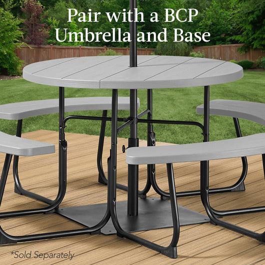 8-Person Circular Picnic Table w/ Umbrella Hole, 4 Benches