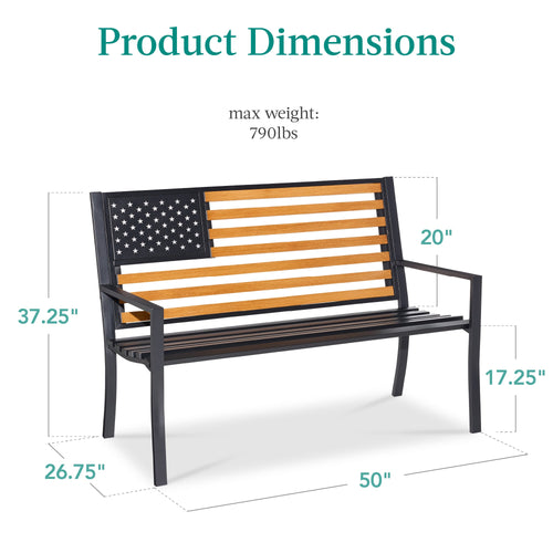 Indoor Outdoor Steel Bench w/ American Flag Backrest, 790lb Capacity
