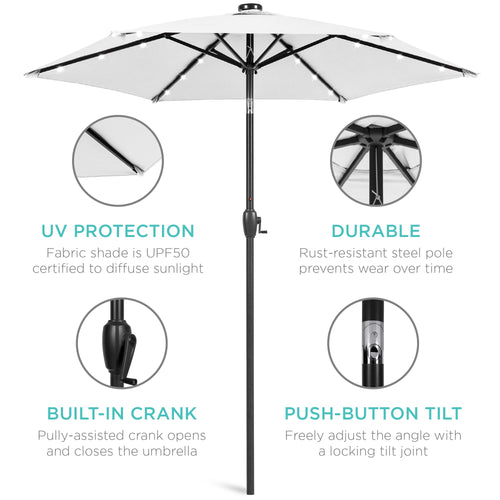 Outdoor Solar Patio Umbrella w/ Push Button Tilt, Crank Lift - 7.5ft
