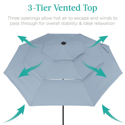3-Tier Solar Patio Umbrella w/ LED Lights, Tilt Adjustment, Crank - 10ft