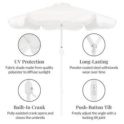 9ft Boho Fringe Umbrella  Tilt, UPF50+, Steel Pole