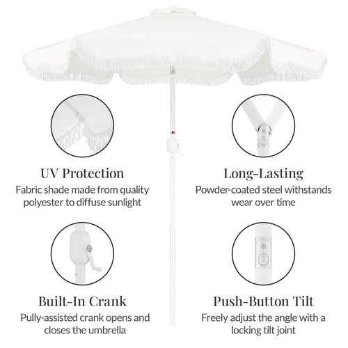 9ft Boho Fringe Umbrella  Tilt, UPF50+, Steel Pole