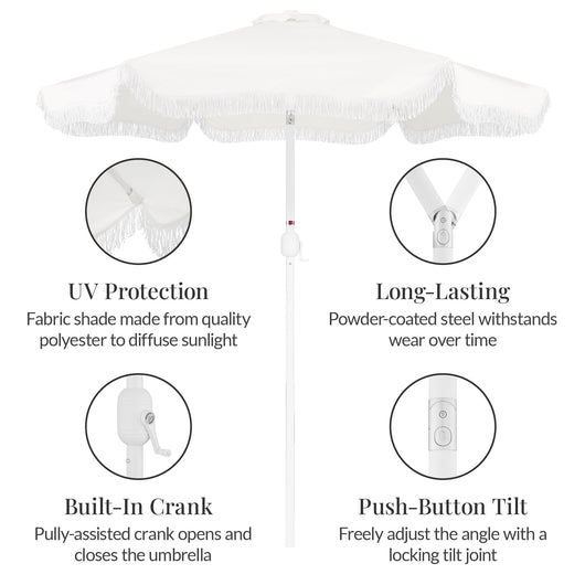 9ft Boho Fringe Umbrella  Tilt, UPF50+, Steel Pole