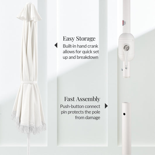 9ft Boho Fringe Umbrella  Tilt, UPF50+, Steel Pole