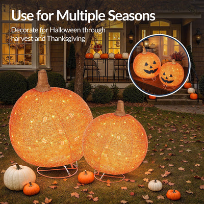 2pc Lighted Pop-Up Outdoor Halloween Holiday Pumpkin Set w/ 130 LED Lights