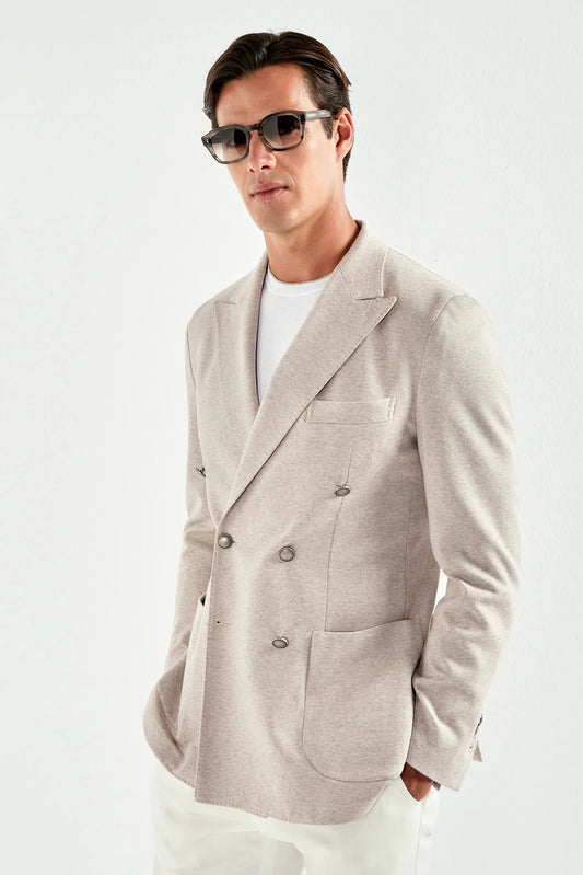 Sand double breasted jersey jacket - Made in Italy