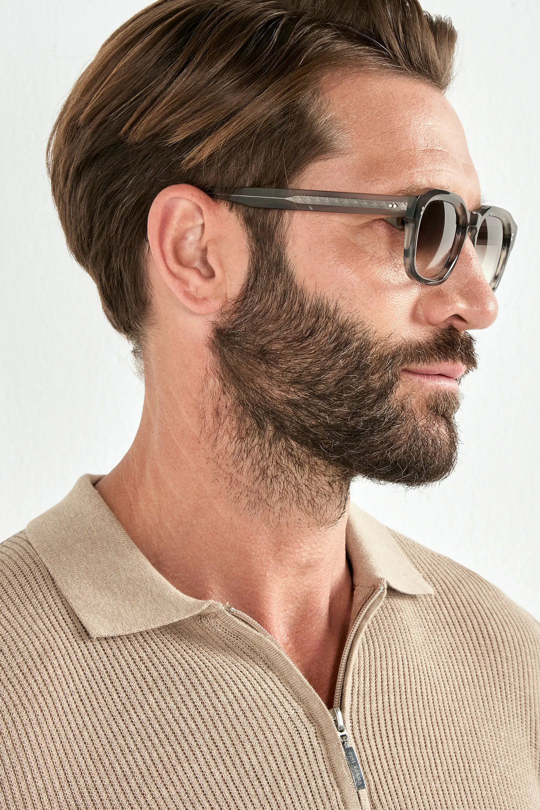 Taupe ribbed zipped polo - Made in Italy