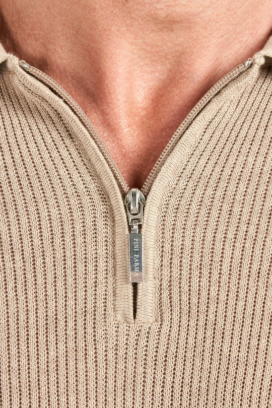 Taupe ribbed zipped polo - Made in Italy