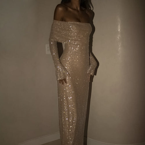 Noëlle | Robe Maxi Off-Shoulder avec Paillettes & Coupe Élégante