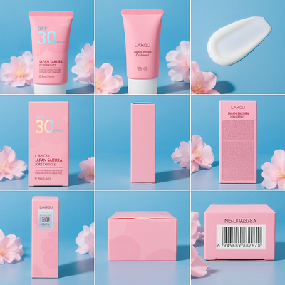 CAVEH Japan Sakura SPF30 pink tube and box with cream smear and cherry blossoms long-lasting floral scented sunscreen