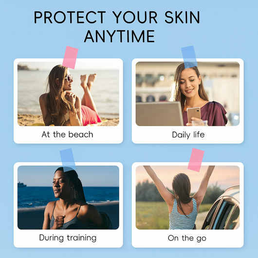 Collage of women using sunscreen at beach daily life training and travel featuring long-lasting floral scented sunscreen