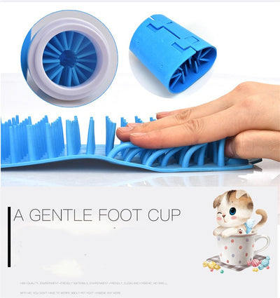 Blue silicone bristle mat and cylindrical paw cup being pressed by hand easy clean pet paw washer for cats and dogs