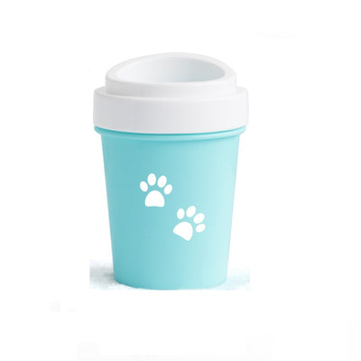 akhi easy clean pet paw washer cup in aqua with white lid and paw print decal compact portable paw cleaner