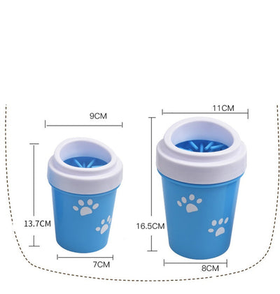 akhi easy clean pet paw washer two blue cup sizes with white rim paw prints and silicone bristle insert