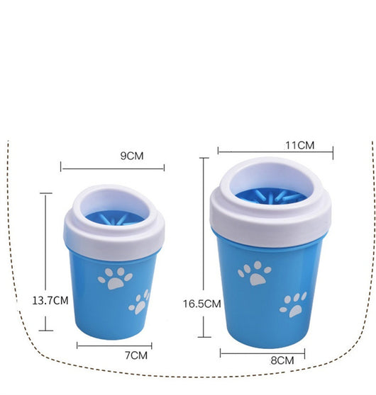 akhi easy clean pet paw washer two blue cup sizes with white rim paw prints and silicone bristle insert