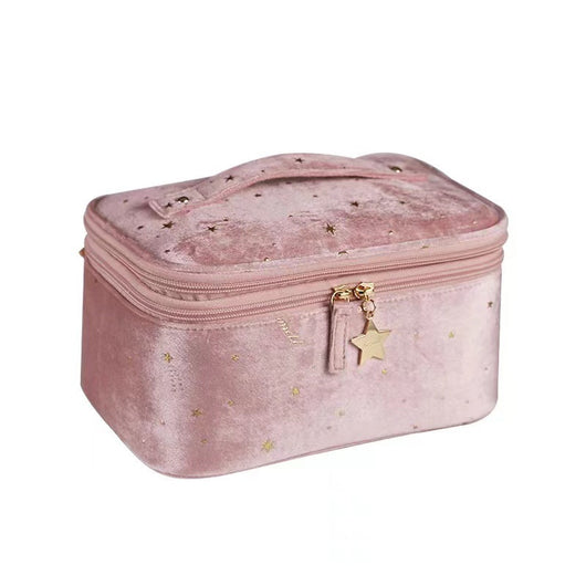 Akhi pink velvet travel cosmetic bag with handle and gold star zipper charm washable beauty product case for makeup storage