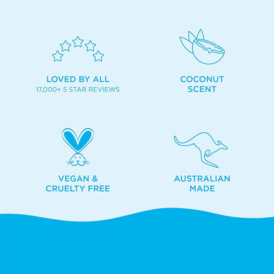 Packaging graphic for hydrating black beauty products showing coconut scent vegan cruelty free Australian made icons