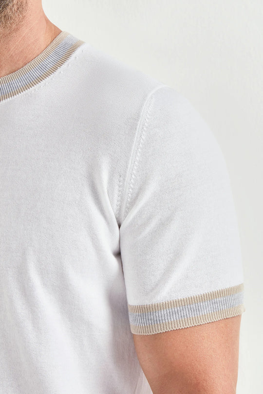 White striped detail knitted t-shirt - Made in Italy